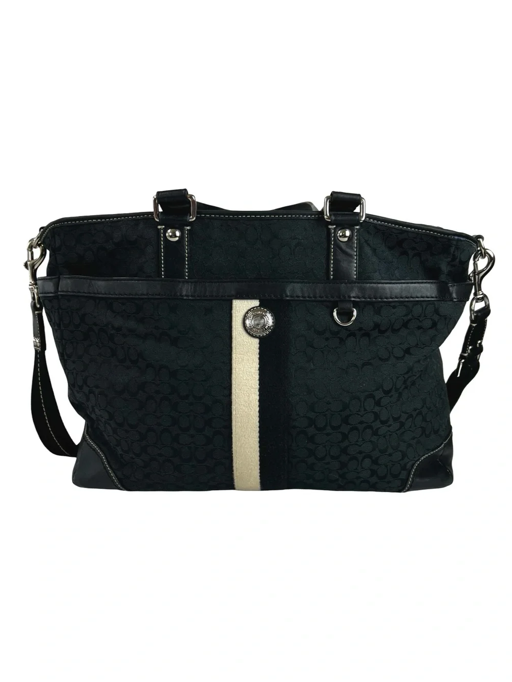 Coach Signature Stripe Multifunction Diaper Tote Bag Black Canvas Blue Interior
